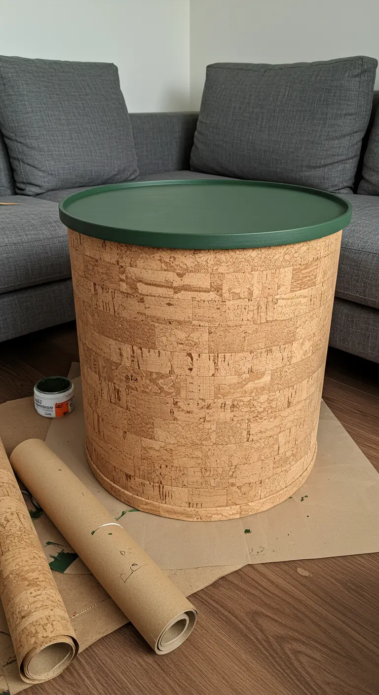 Mesa auxiliar redonda cuya base está forrada con papel de corcho y la tapa pintada de color verde oscuro.
