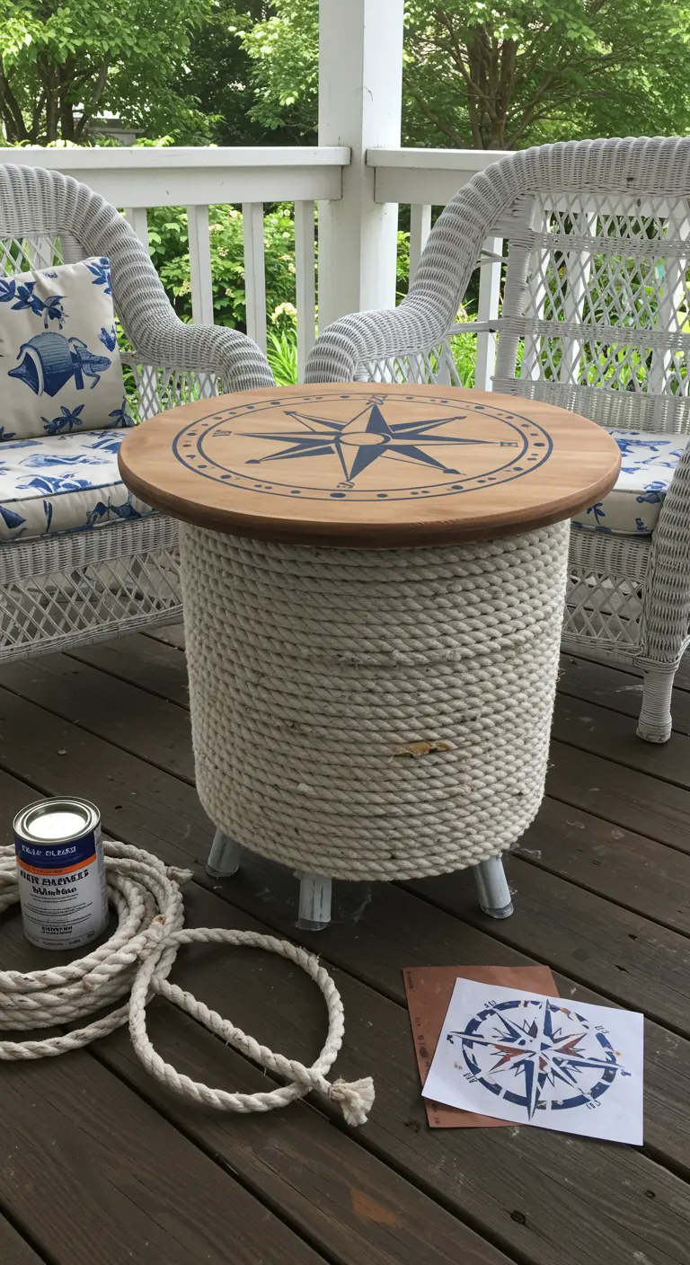 Mesa auxiliar hecha con neumático forrado de cuerda, con un tablero de madera pintado con una brújula.
