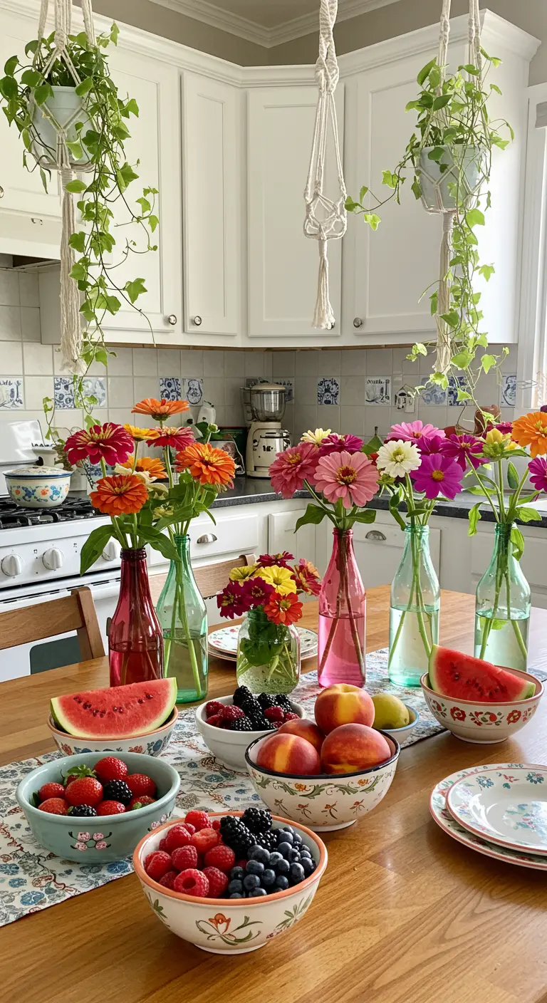 Mesa de comedor con flores de colores en botellas y cuencos de fruta fresca.