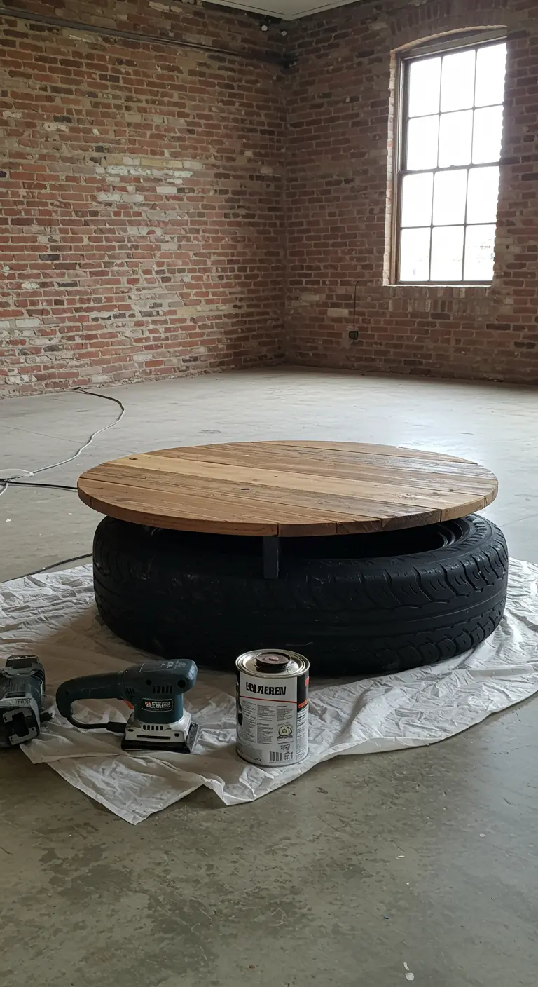 Mesa de centro DIY con una base de neumático y una superficie de madera rústica en un loft.
