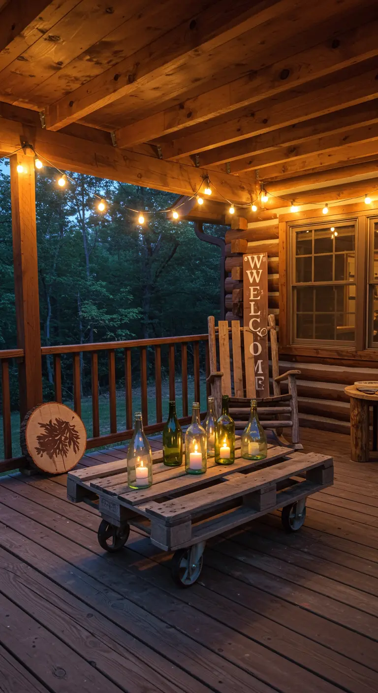 Mesa de centro hecha con un palet y ruedas, decorada con botellas de vino con velas en un porche rústico.
