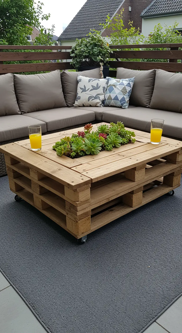 Mesa de centro de pallets con ruedas y un jardín de suculentas integrado en el centro.
