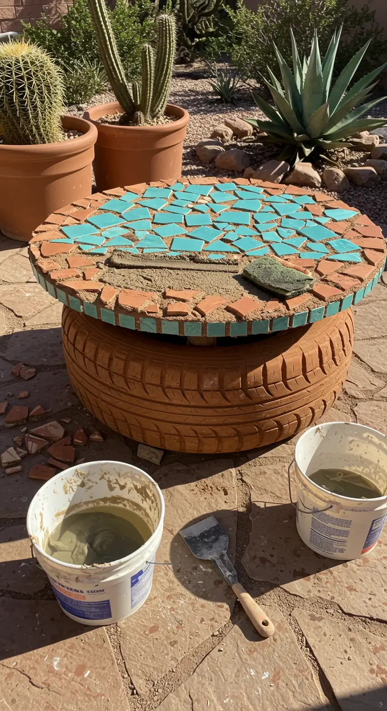 Mesa de exterior con base de neumático y un tablero de mosaico hecho con azulejos turquesa rotos.