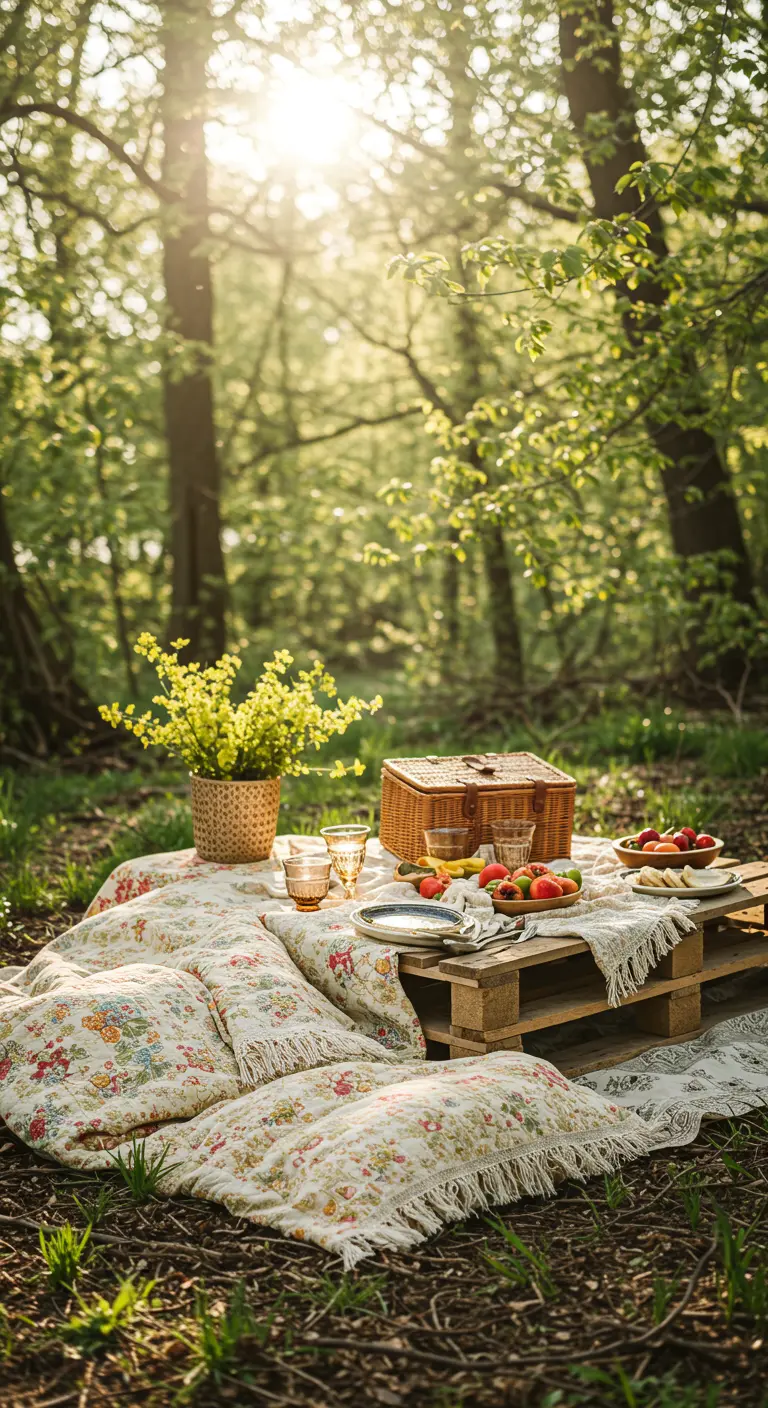 Picnic bohemio en el bosque con una mesa baja hecha de un palet de madera.