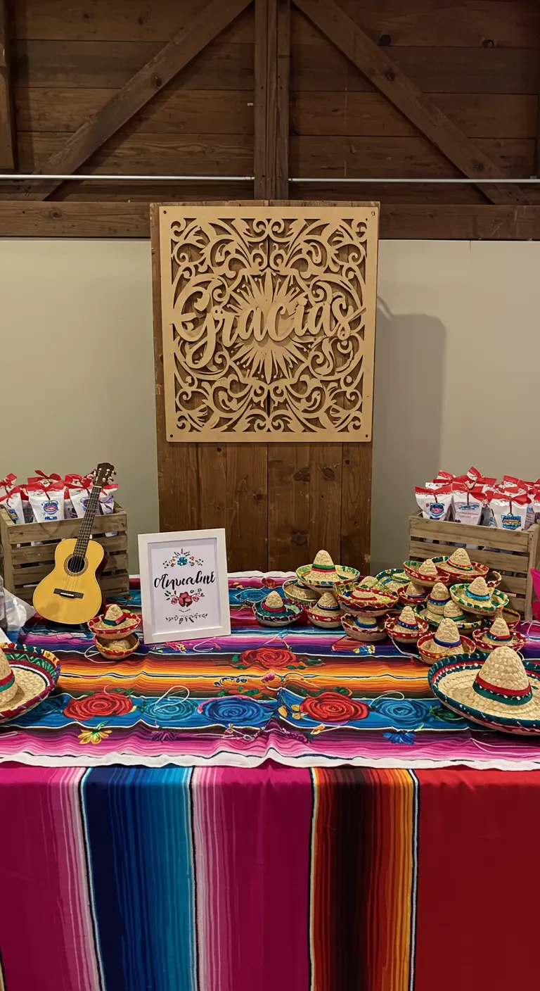 Mesa de fiesta con mantel de sarape, mini sombreros, dulces y un letrero de madera calado.