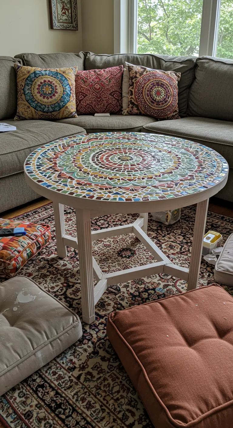 Mesa de centro redonda y blanca con un elaborado mosaico de colores formando un patrón de mandala.