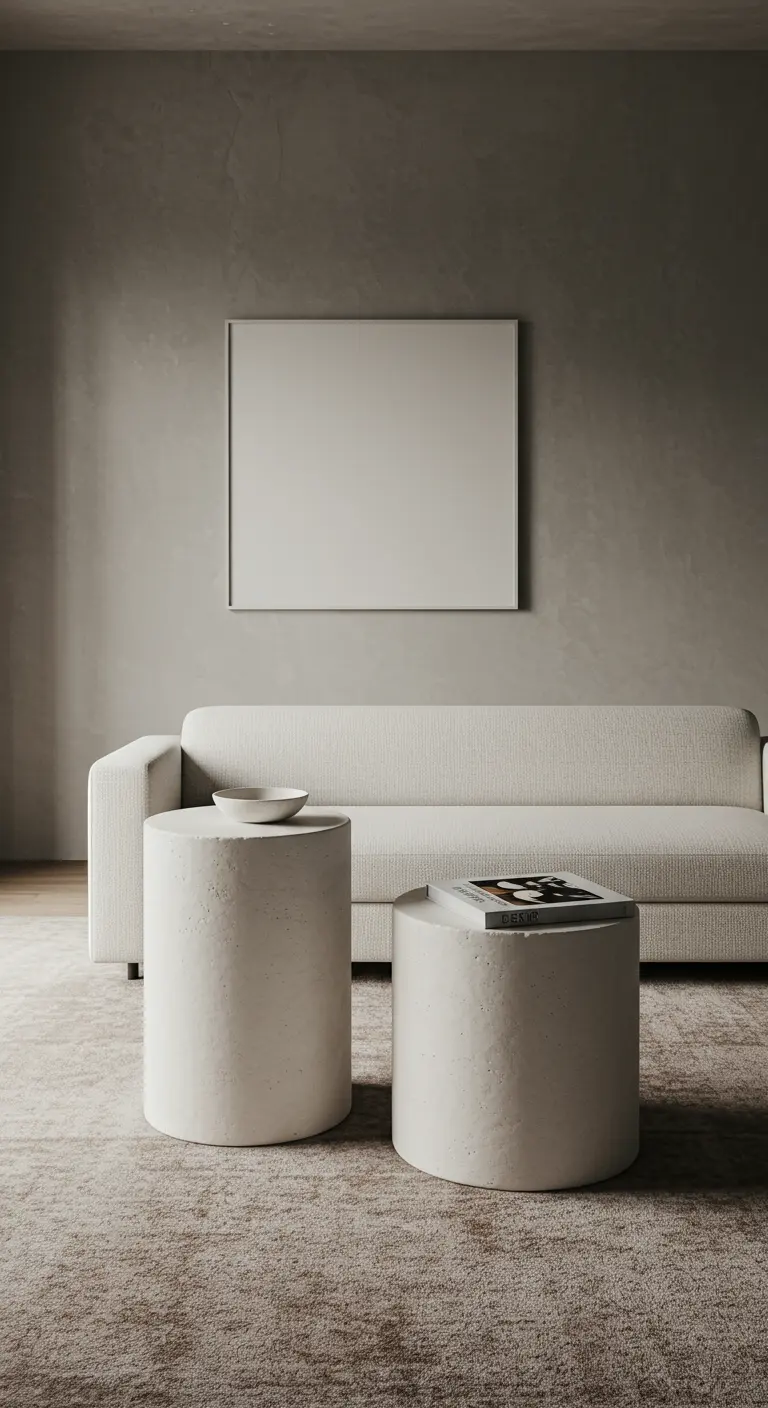 Sofá beige claro con dos mesas de centro cilíndricas de cemento pulido