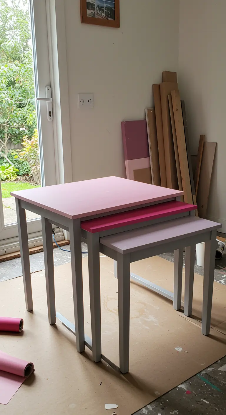Conjunto de tres mesas nido con las patas grises y los tableros en diferentes tonos de rosa, creando un efecto degradado.