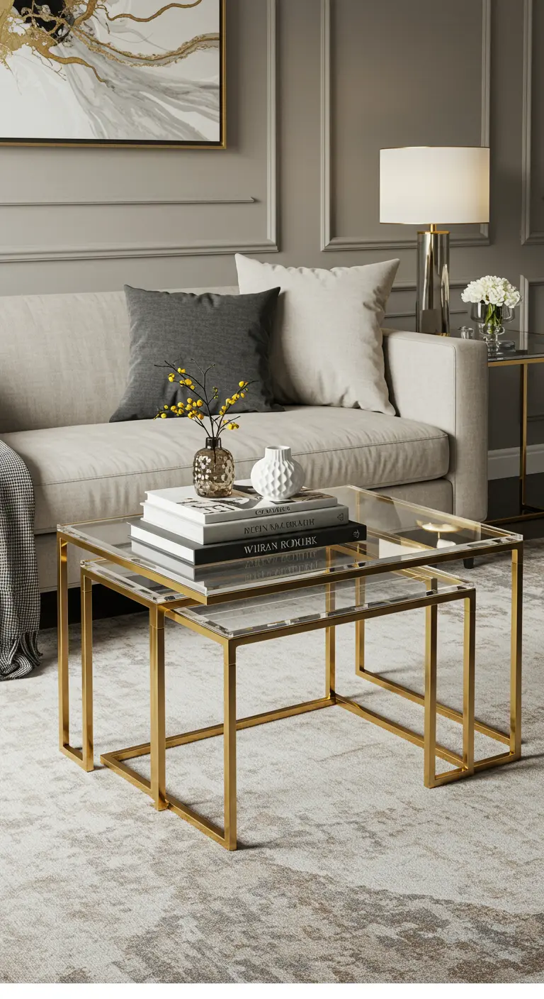 Juego de mesas nido con estructura dorada y tapa de cristal en una sala de estar elegante