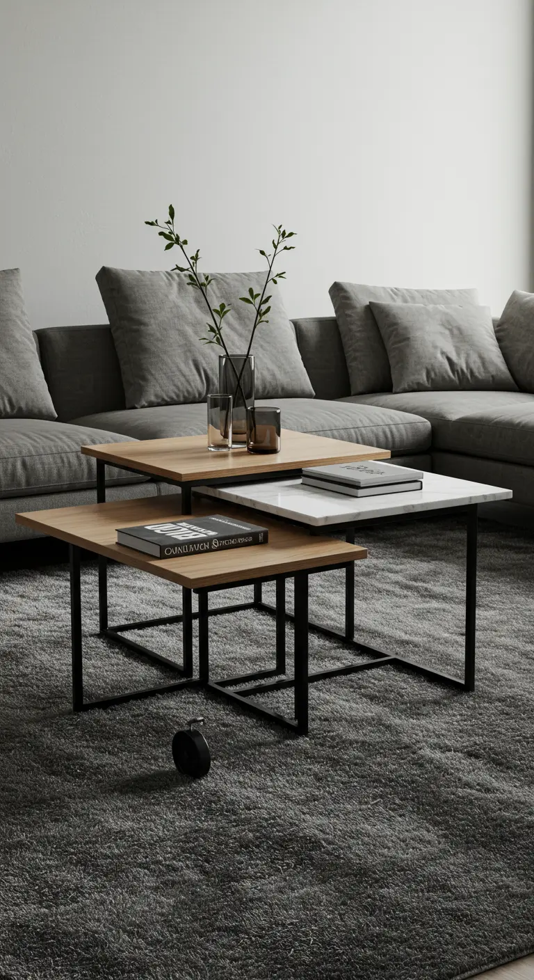 Conjunto de mesas de centro nido de diferentes alturas y materiales en un salón moderno.