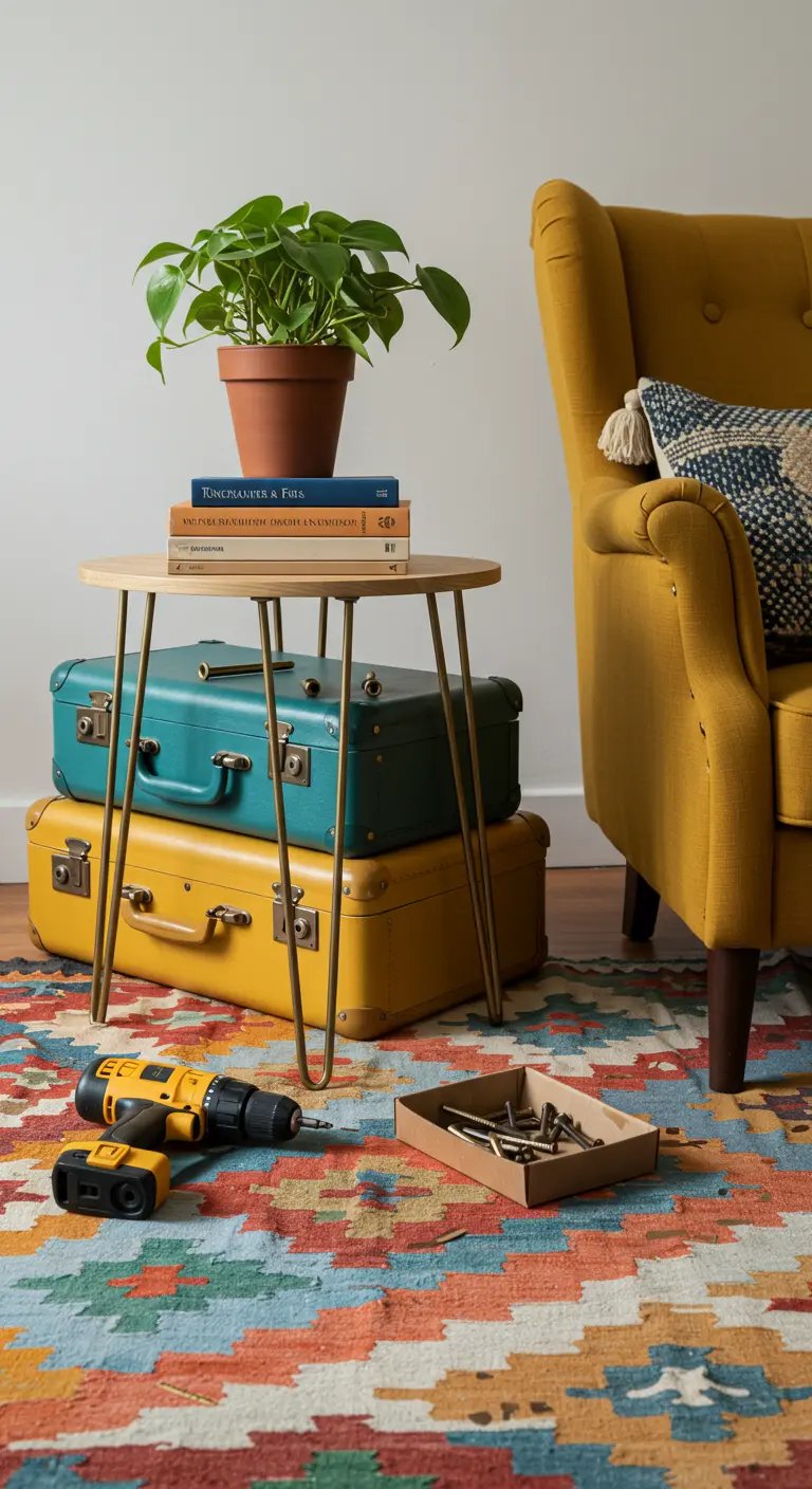 Mesa auxiliar redonda con tablero de madera clara y patas de horquilla doradas.