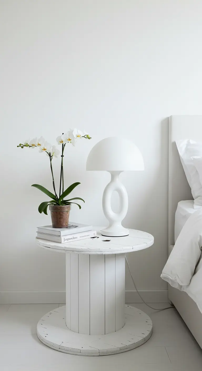 Carrete de cable pequeño pintado de blanco usado como mesita de noche en un dormitorio minimalista.