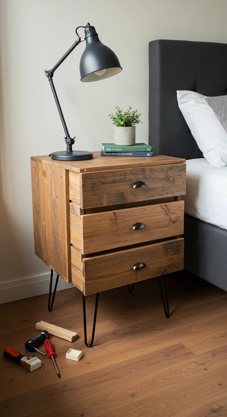 Mesita de noche de madera con tres cajones y patas de horquilla negras, junto a una cama.