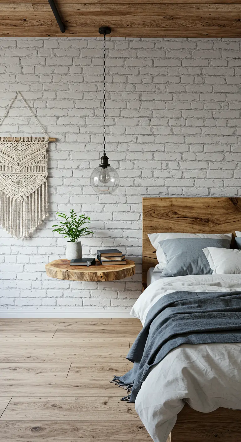 Mesita de noche flotante hecha con una rodaja de tronco de árbol junto a una pared de ladrillo blanco.