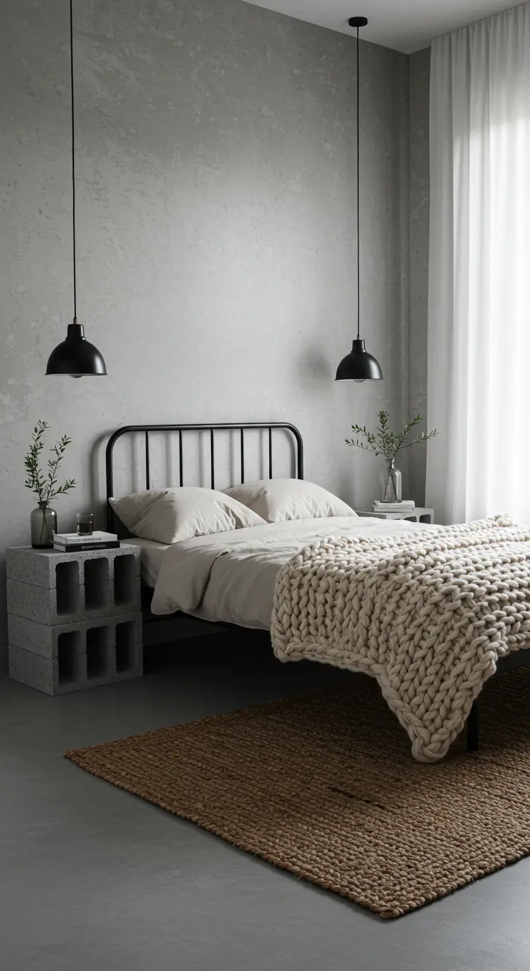 Dormitorio minimalista industrial con mesitas de noche hechas de bloques de hormigón.