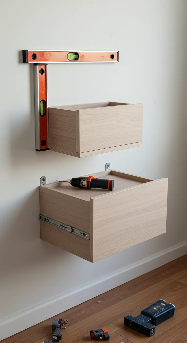 Dos cajones de madera clara siendo instalados en una pared como mesitas de noche flotantes