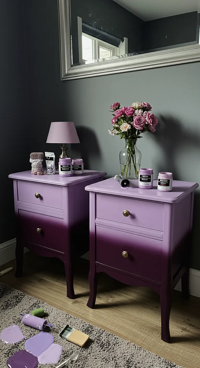 Dos mesitas de noche idénticas pintadas con un degradado de morado oscuro a lavanda.