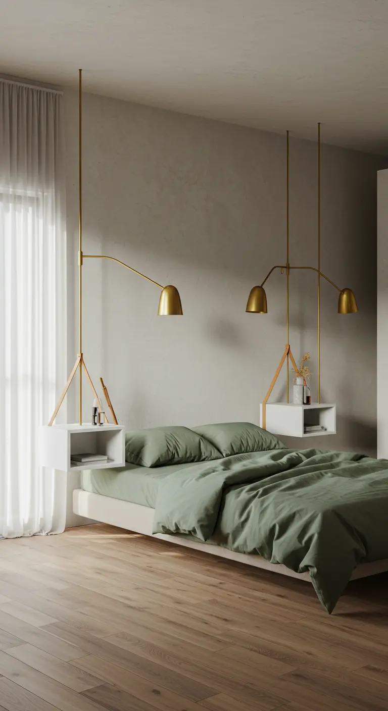 Dormitorio moderno con dos mesitas de noche blancas suspendidas del techo por varillas doradas