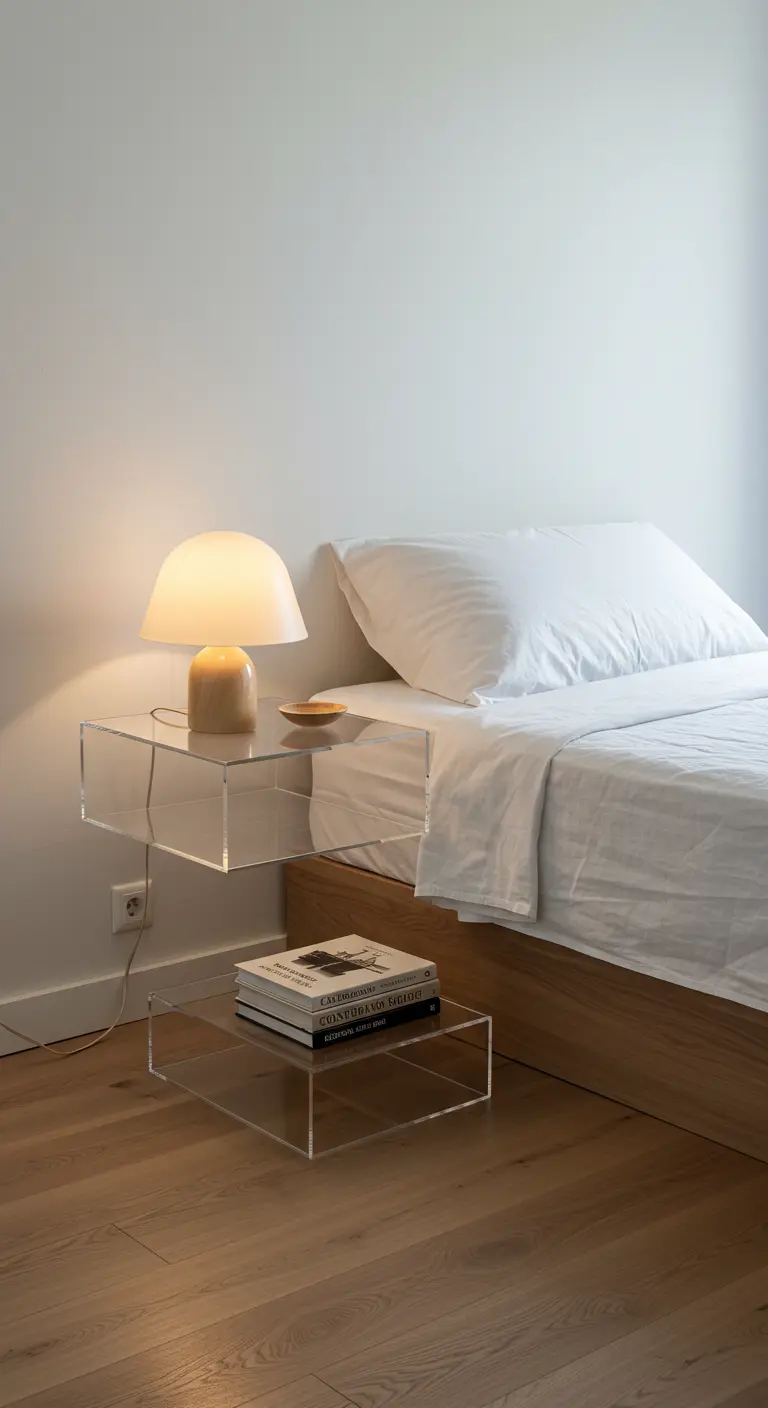Mesita de noche de acrílico de dos niveles junto a una cama con sábanas blancas