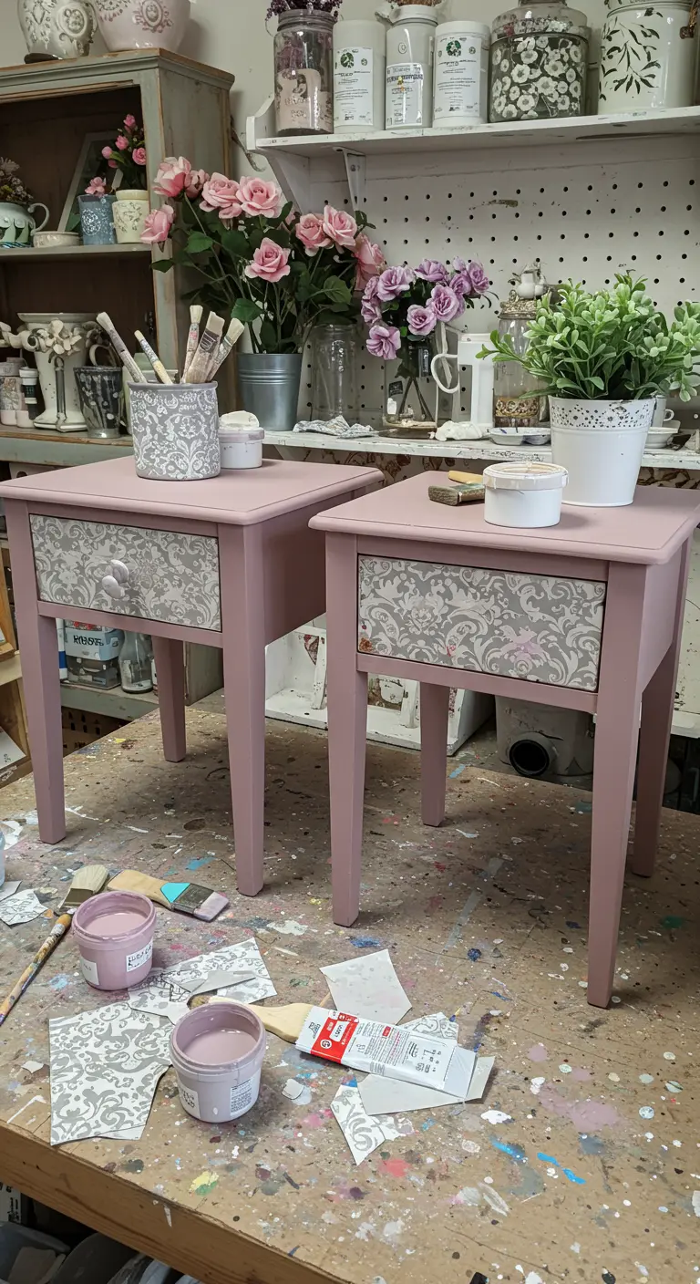 Dos mesitas de noche pintadas en rosa pálido, con los frentes de los cajones forrados en papel de patrón damasco gris y blanco.