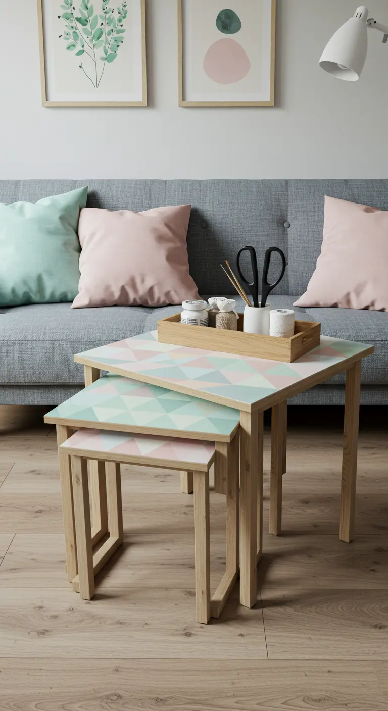 Juego de mesas nido de madera con superficies decoradas con un patrón geométrico en tonos rosa y verde pastel.