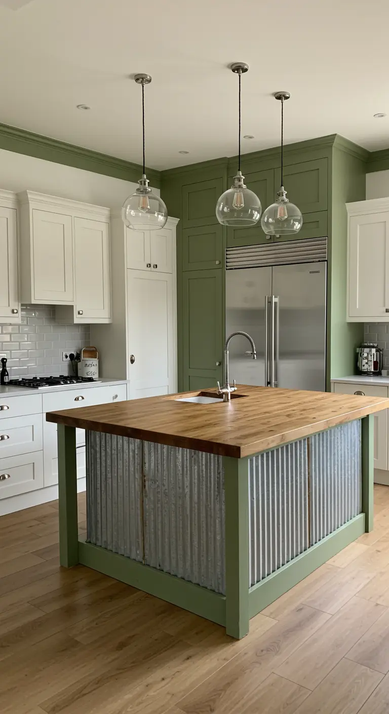 Isla de cocina con marco verde y paneles de metal corrugado.