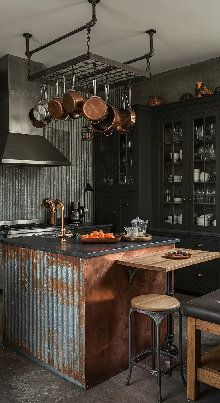 Cocina industrial oscura con isla de cobre y metal corrugado y un soporte para ollas colgante.