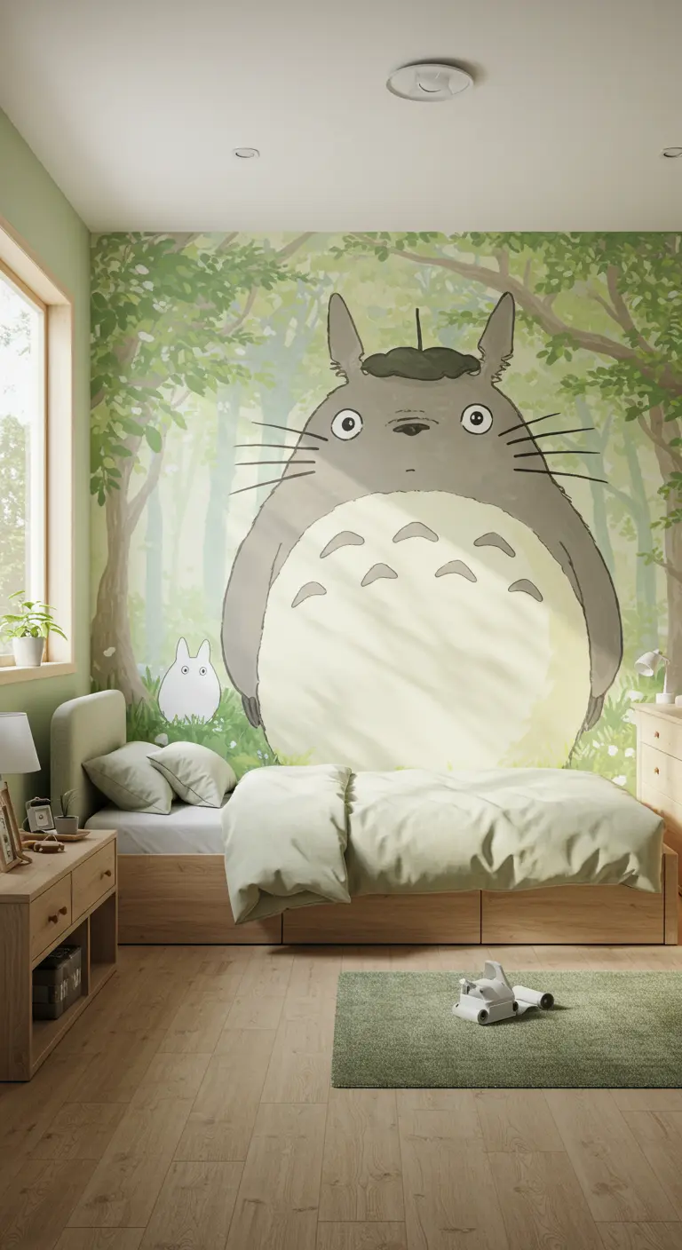 Dormitorio infantil con un gran mural de Totoro en la pared y muebles de madera clara.