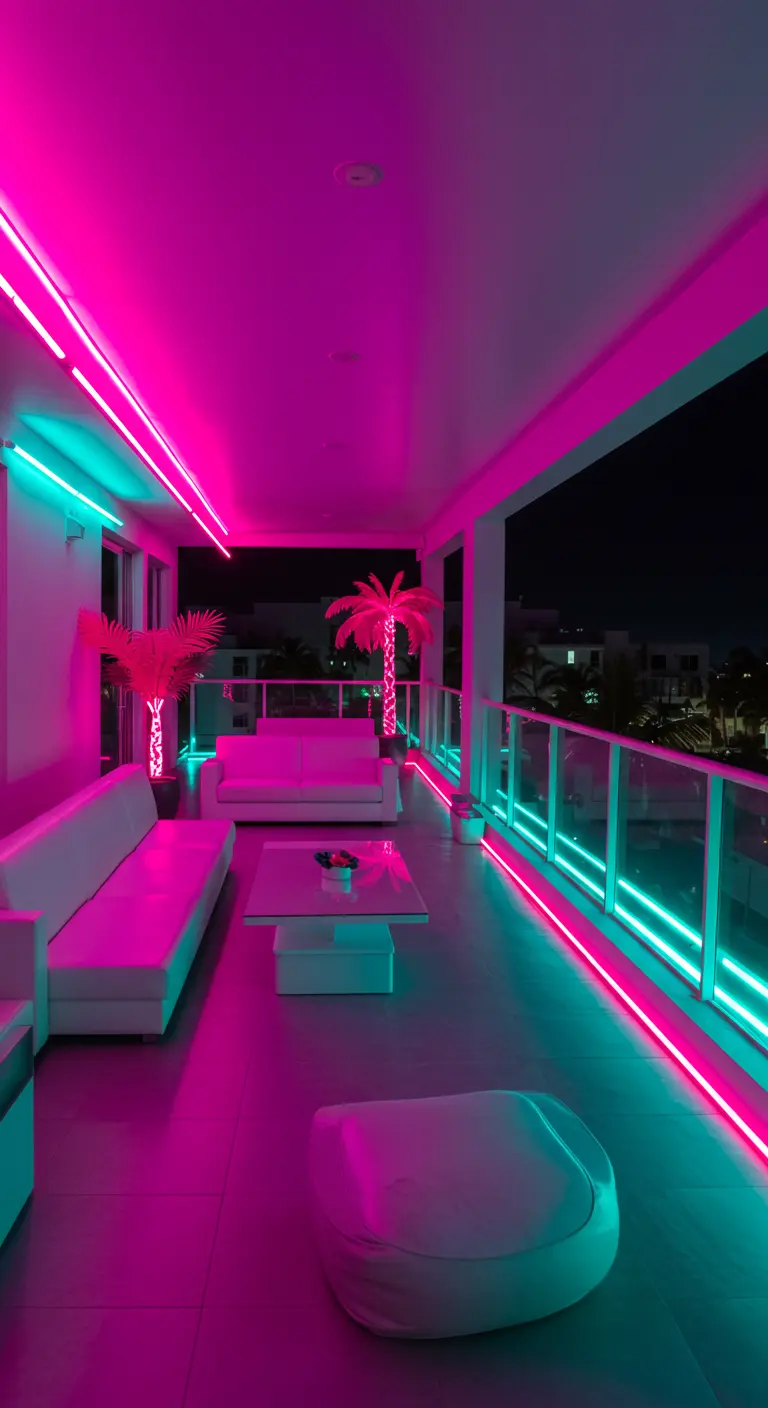 Balcón largo y moderno con muebles blancos, iluminado intensamente con líneas de neón fucsia y cian