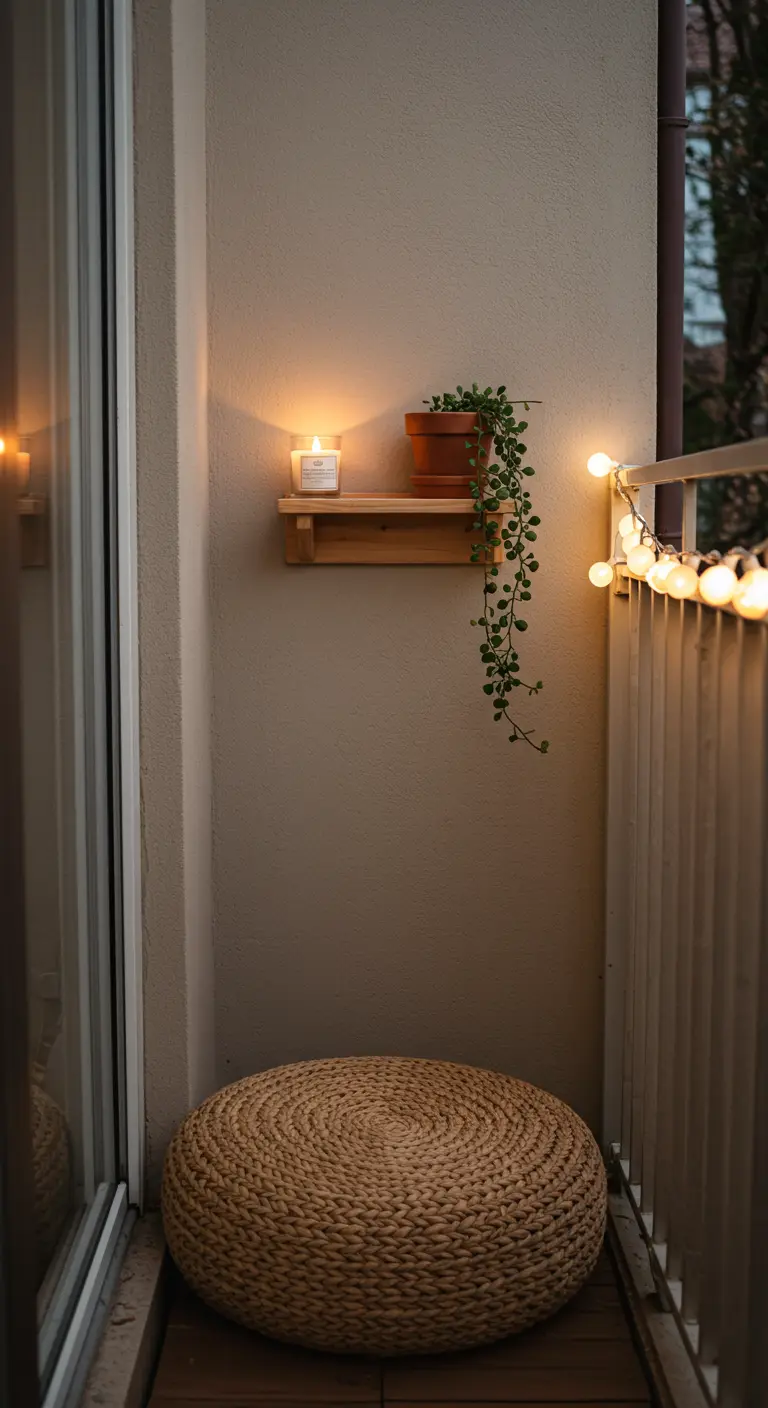Balcón muy pequeño con un puf de mimbre, una repisa con una planta y una guirnalda de luces.