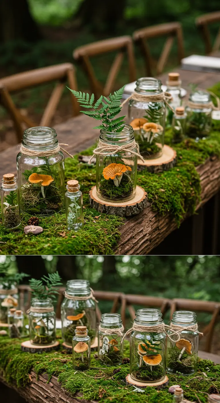 Terrarios en tarros con musgo, helechos y setas sobre una mesa de madera.