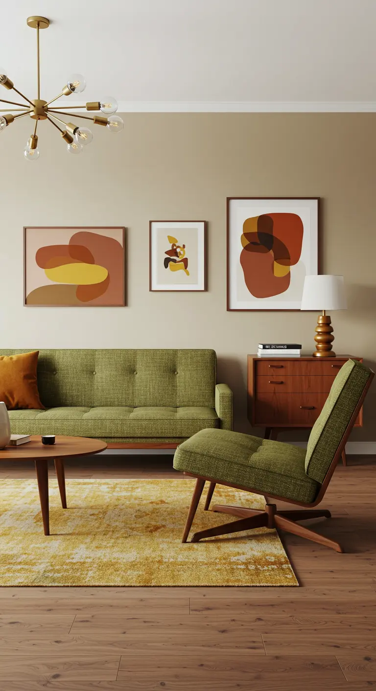 Sala de estar Mid-Century con sofá verde, muebles de madera y galería de cuadros abstractos.
