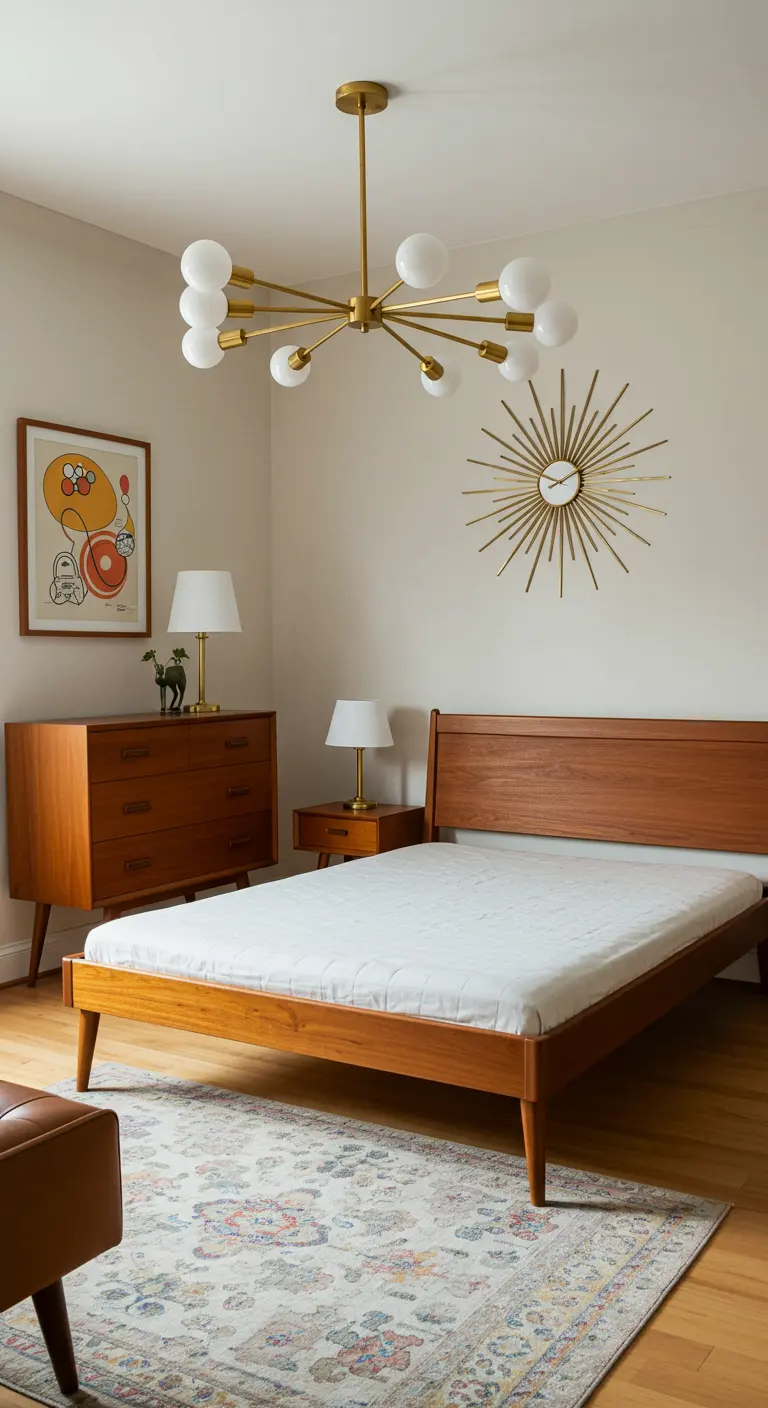 Dormitorio de estilo Mid-Century Modern con lámpara Sputnik dorada y reloj de pared 'starburst'.