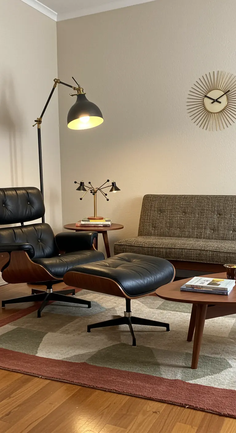 Rincón de lectura Mid-Century Modern con una butaca de cuero negro, lámparas de diseño y reloj de sol.