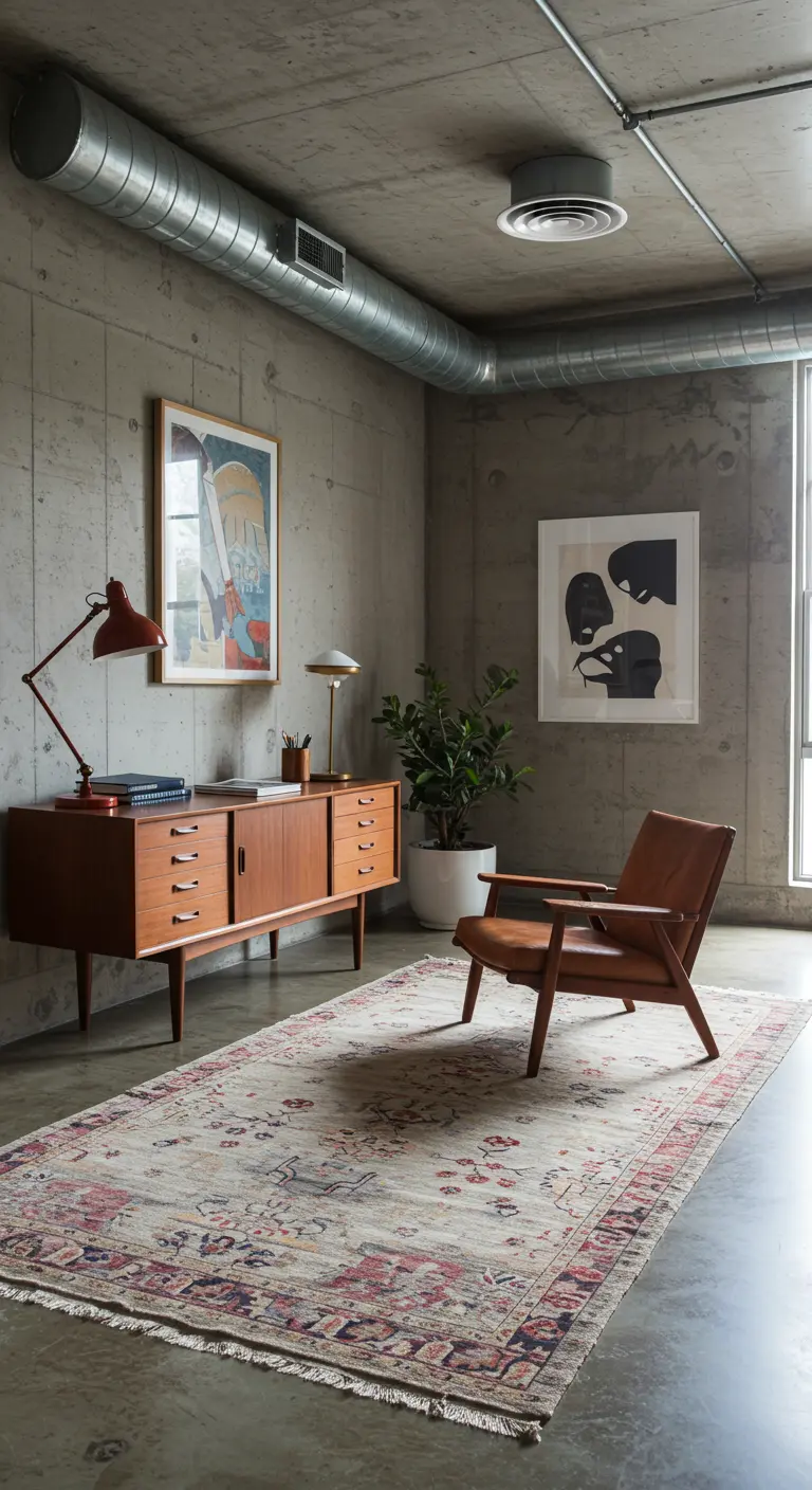 Oficina con paredes de hormigón, muebles de madera de estilo Mid-Century y una alfombra persa.