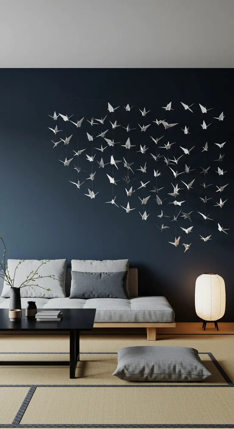 Instalación de grullas de origami plateadas colgando del techo en una sala de estar de inspiración japonesa.