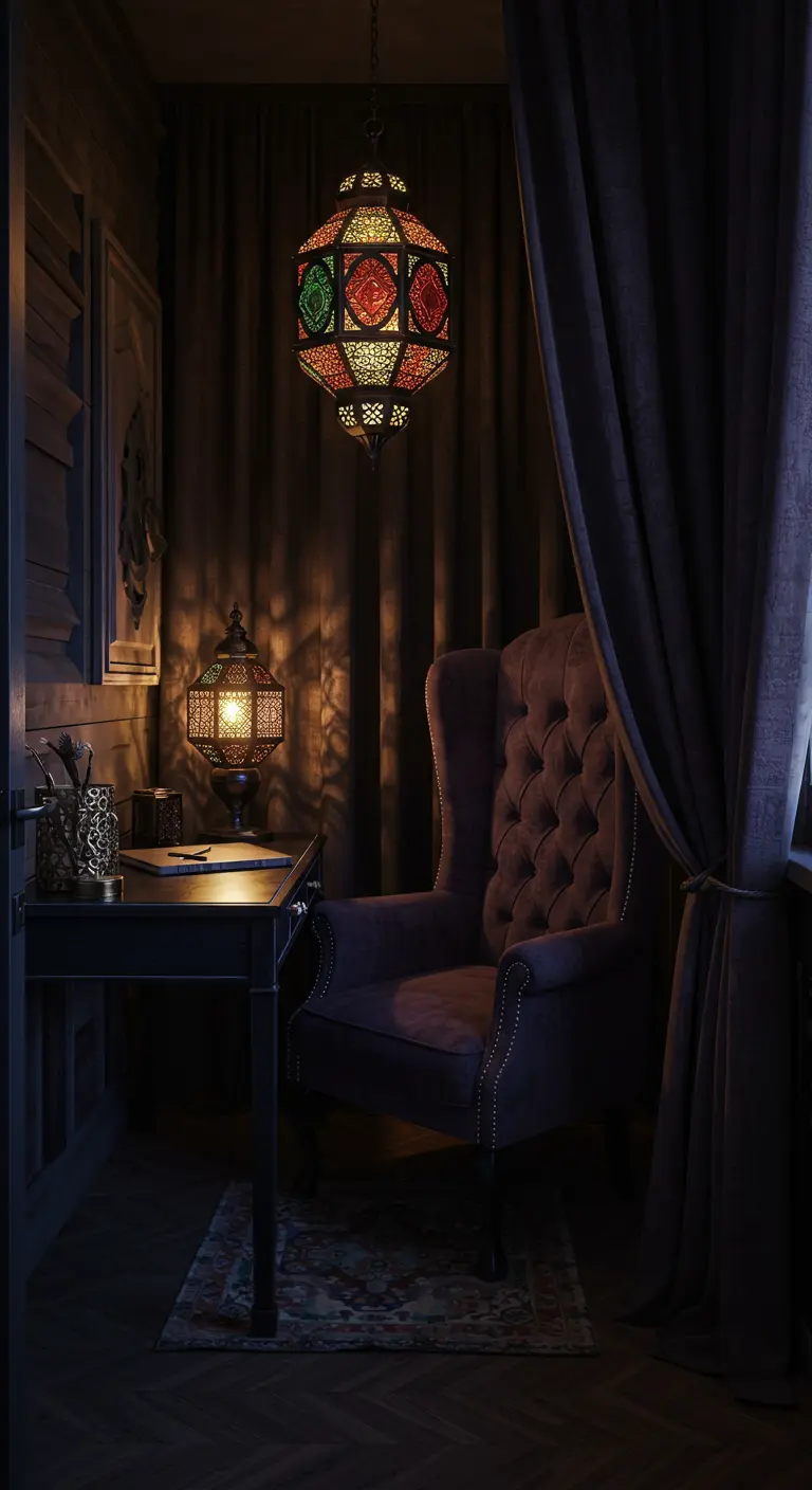 Rincón de trabajo oscuro y acogedor en un balcón, con lámparas marroquíes y un sillón de terciopelo