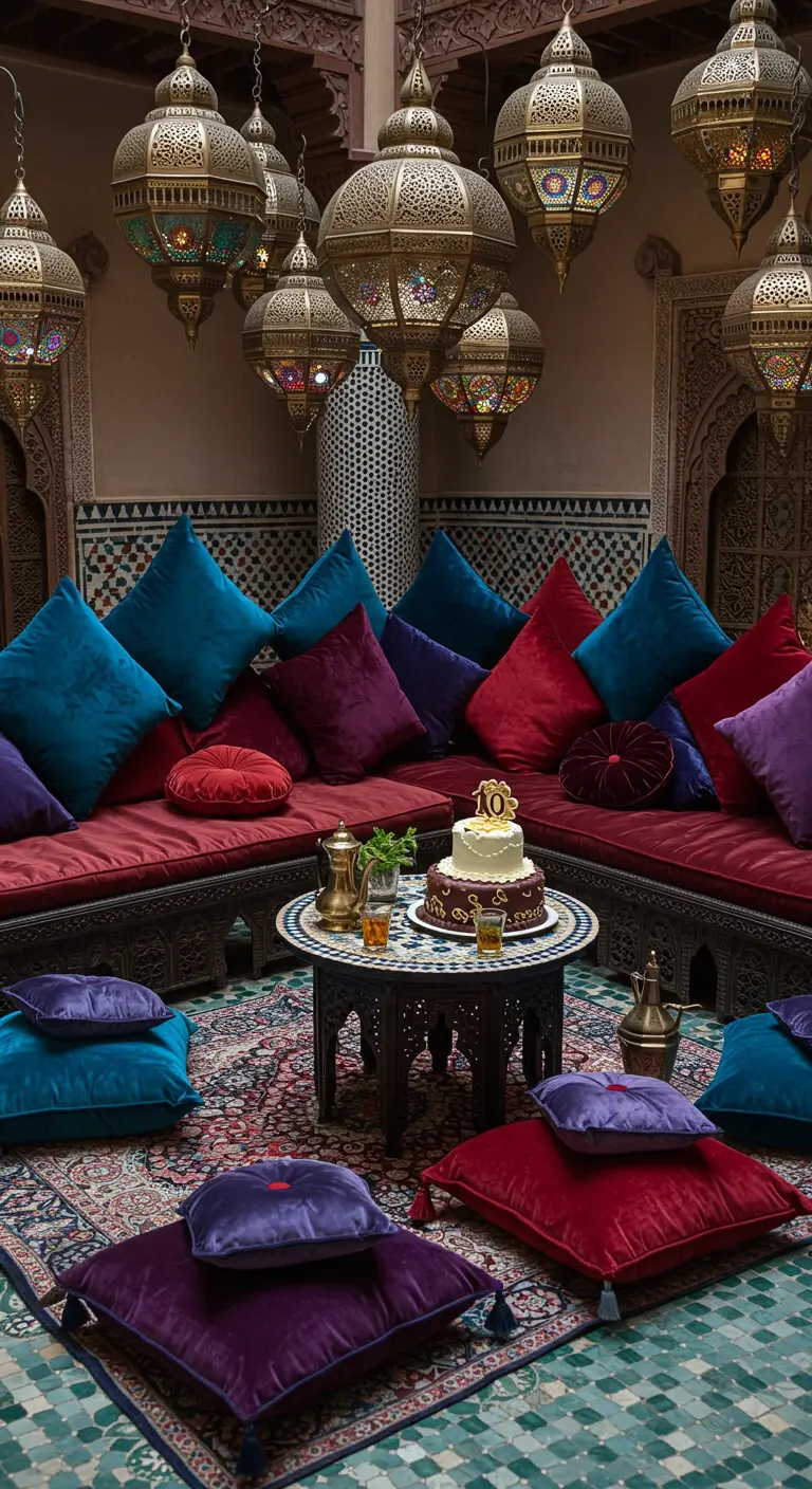 Salón de estilo marroquí con cojines de terciopelo de colores y lámparas árabes.