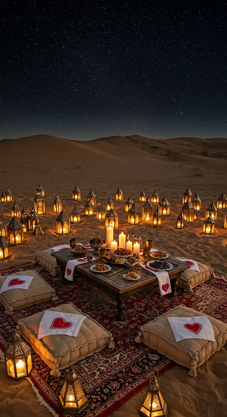 Picnic romántico en el desierto por la noche, iluminado por docenas de farolillos.