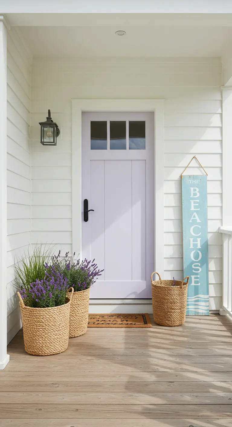 Entrada de casa de playa con puerta lila y plantas de lavanda en cestas de mimbre.