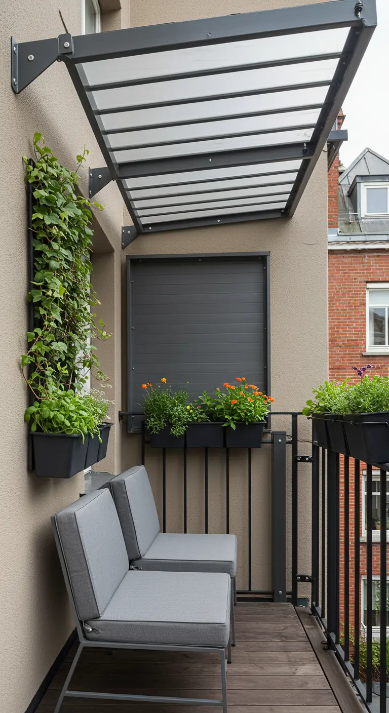 Balcón estrecho con una pequeña pérgola, asientos grises y jardineras con plantas.