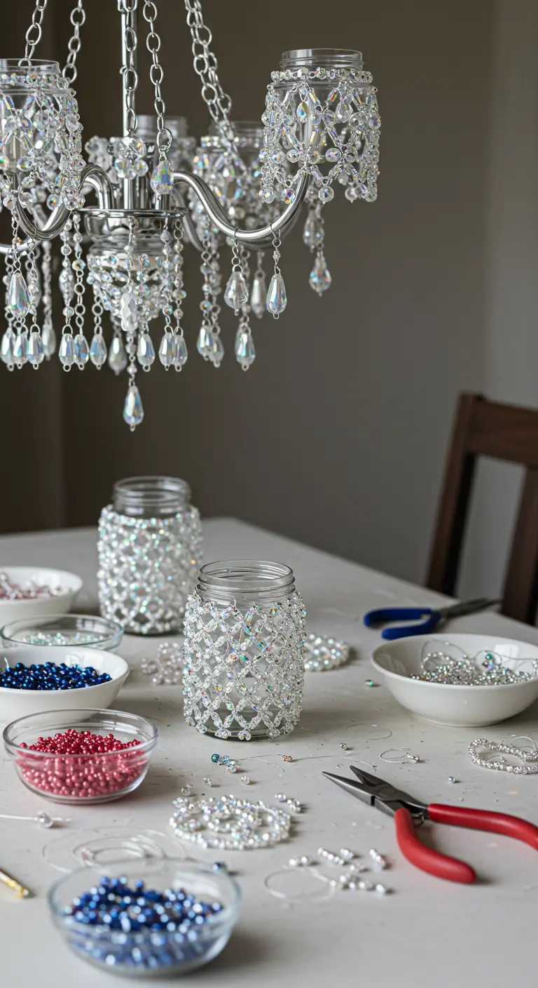 Frascos de vidrio cubiertos con una malla de cuentas de cristal transparente para imitar una lámpara de araña.