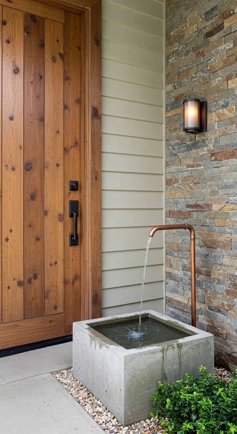 Pequeña fuente de agua con base de hormigón y caño de cobre junto a una puerta de madera.