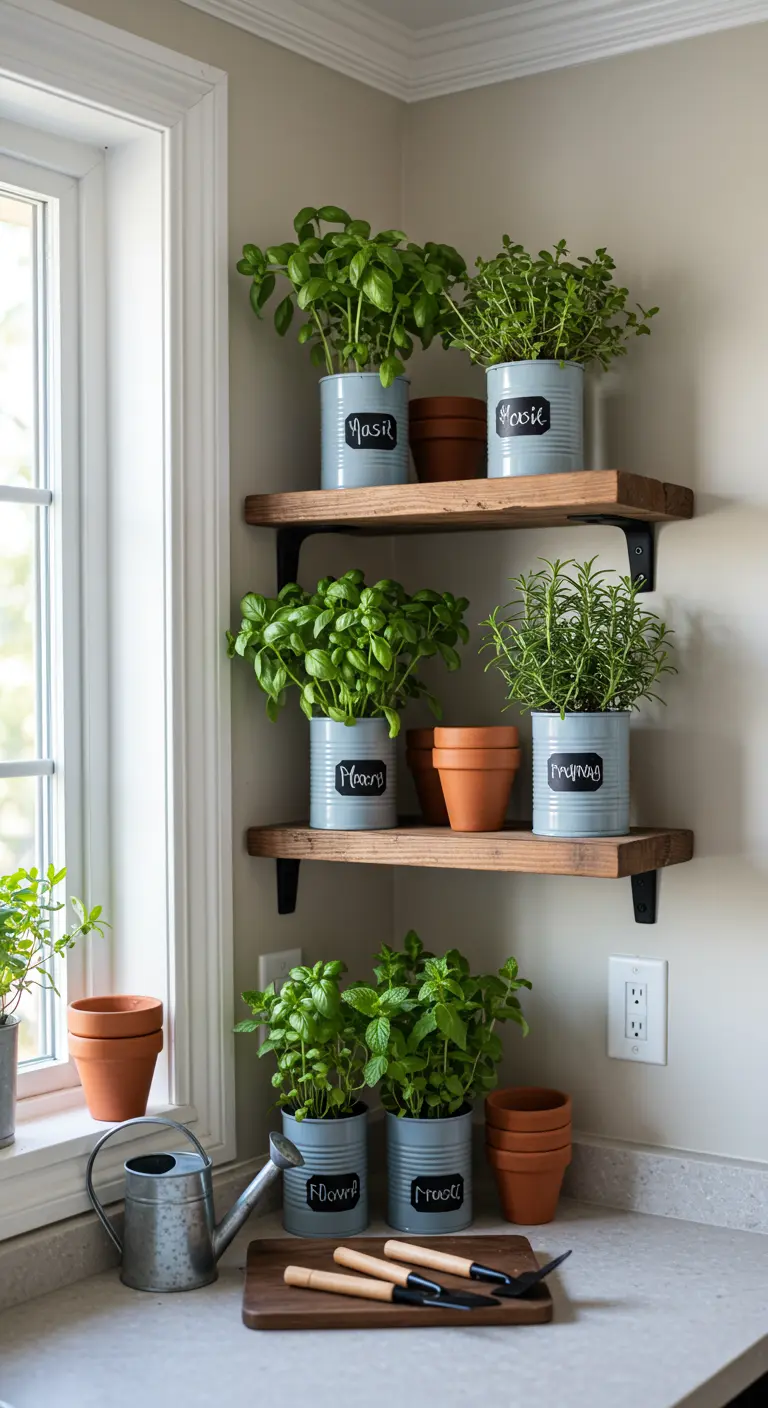 Estanterías de cocina con latas recicladas y pintadas de azul usadas como macetas para hierbas aromáticas.