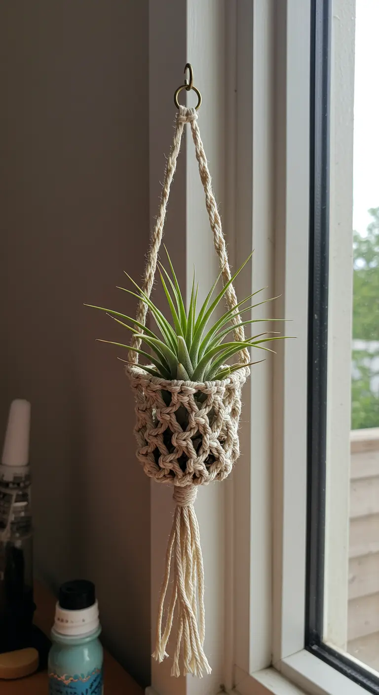 Pequeño colgador de macramé con una planta de aire en su interior, colgado cerca de una ventana.
