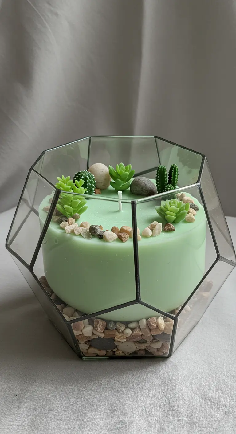 Vela-terrario en un recipiente de cristal geométrico con suculentas y cactus de cera