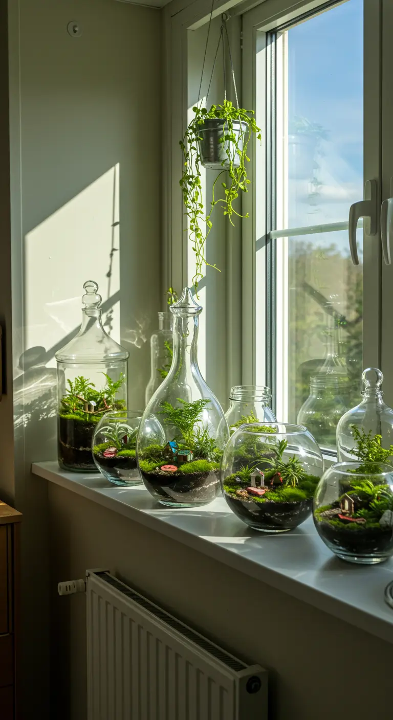 Colección de terrarios en frascos de vidrio con plantas pequeñas en el alféizar de una ventana.