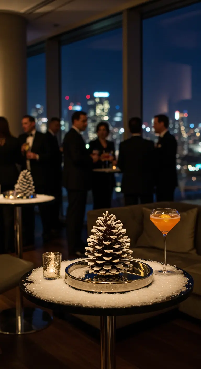Mesa de cóctel con una piña nevada en una bandeja de espejo y una vela.