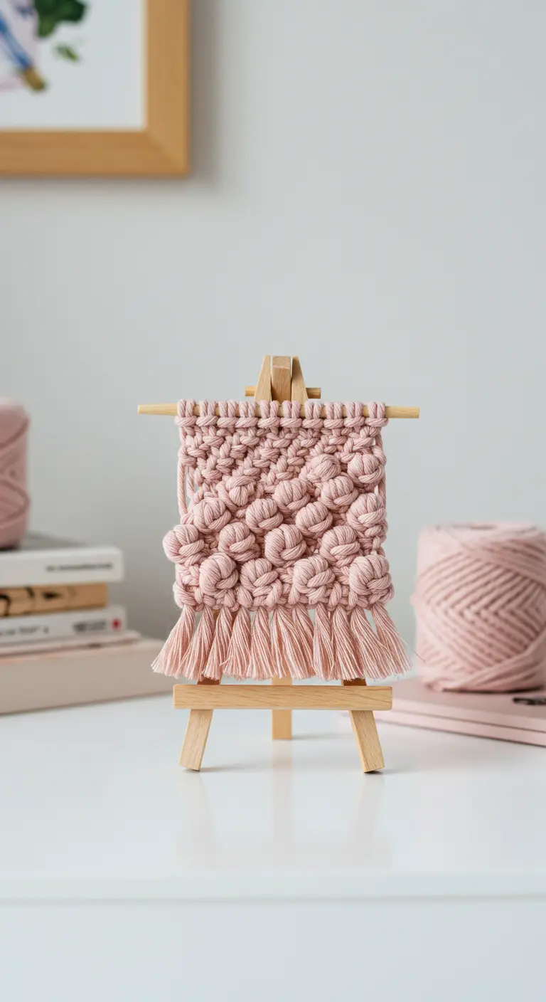 Pequeño tapiz de macramé rosa con textura de bodoques sobre un caballete en miniatura.