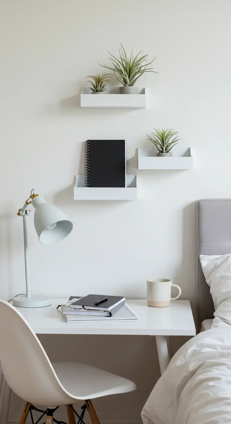 Pequeñas estanterías flotantes blancas en la pared junto a una cama, con plantas de aire y cuadernos.
